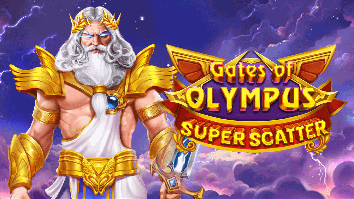 Gates of Olympus SUPER SCATTER von Pragmatic Play zeigt Zeus über den Wolken des Olymp in Rosa-Violett-Gold, umgeben von goldenen Münzen mit 5X- und 50X-Prägung, blauem Diamant, violettem Kristall-Dreieck, grünem Globus und roter Kugel mit Krone